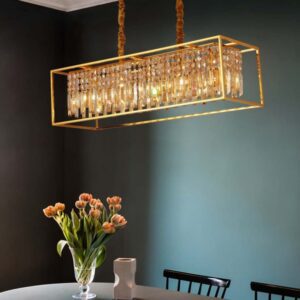 LUSTRE RETANGULAR DOURADO C/ CRISTAIS JLR
