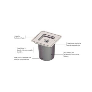 LIXEIRA INOX EMBUTIR CLEAN SQUARE 5L